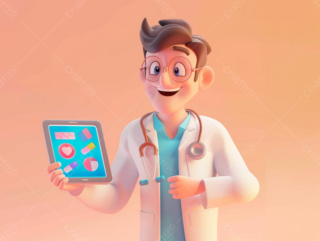 Médico 3D segurando tablet com dados médicos