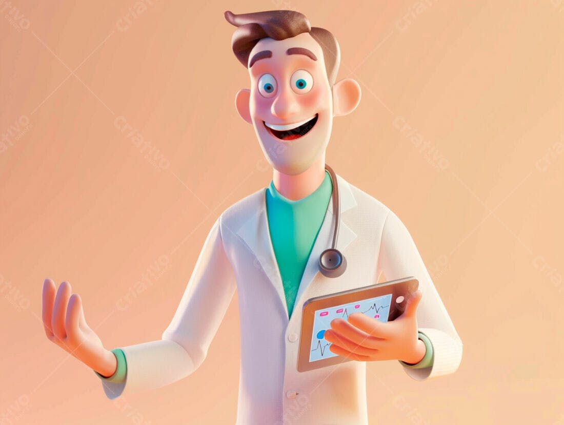 Médico animado segurando tablet com gráficos