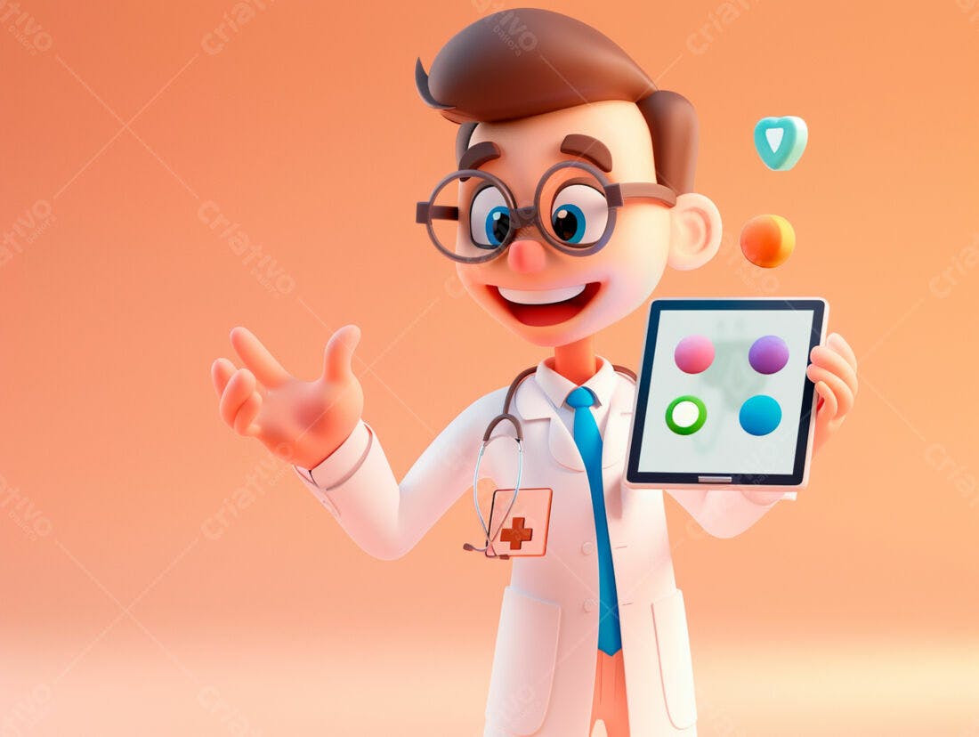 Médico de desenho animado com tablet e pílulas