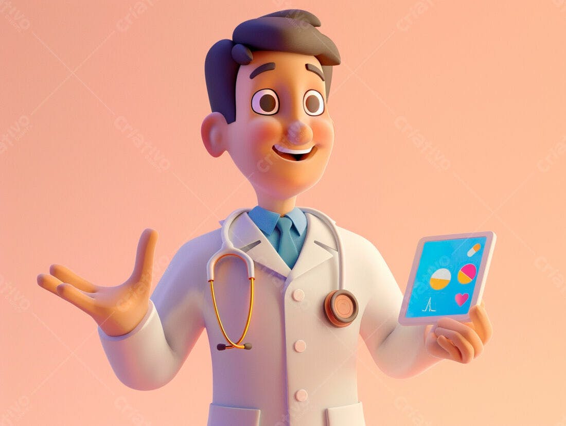 Médico 3D sorridente com tablet médico