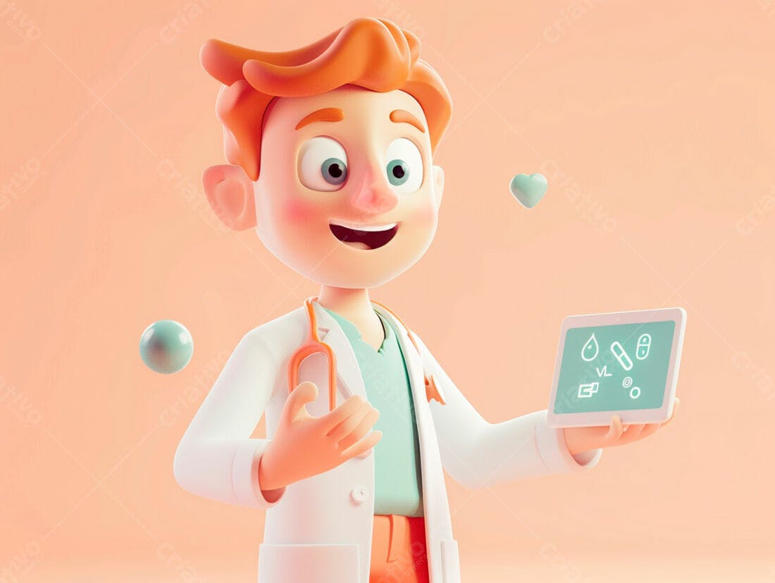 Médico 3D alegre mostrando tablet com ícones médicos