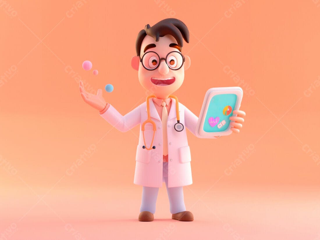 Médico 3D alegre mostrando tablet e pílulas