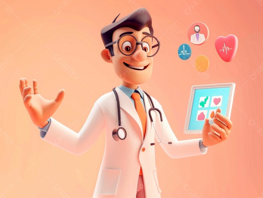 Médico 3D com Tablet Tecnologia Saúde