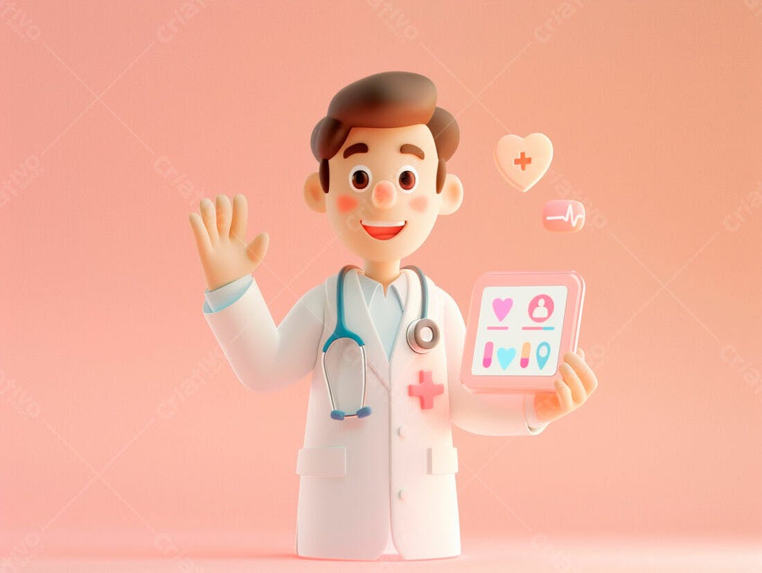 Médico 3D sorrindo com tablet médico
