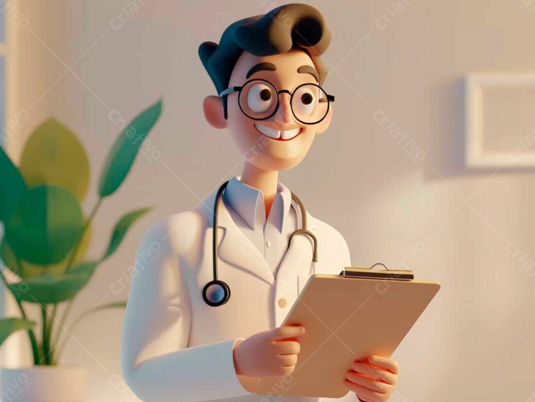 Médico 3D sorrindo com prancheta