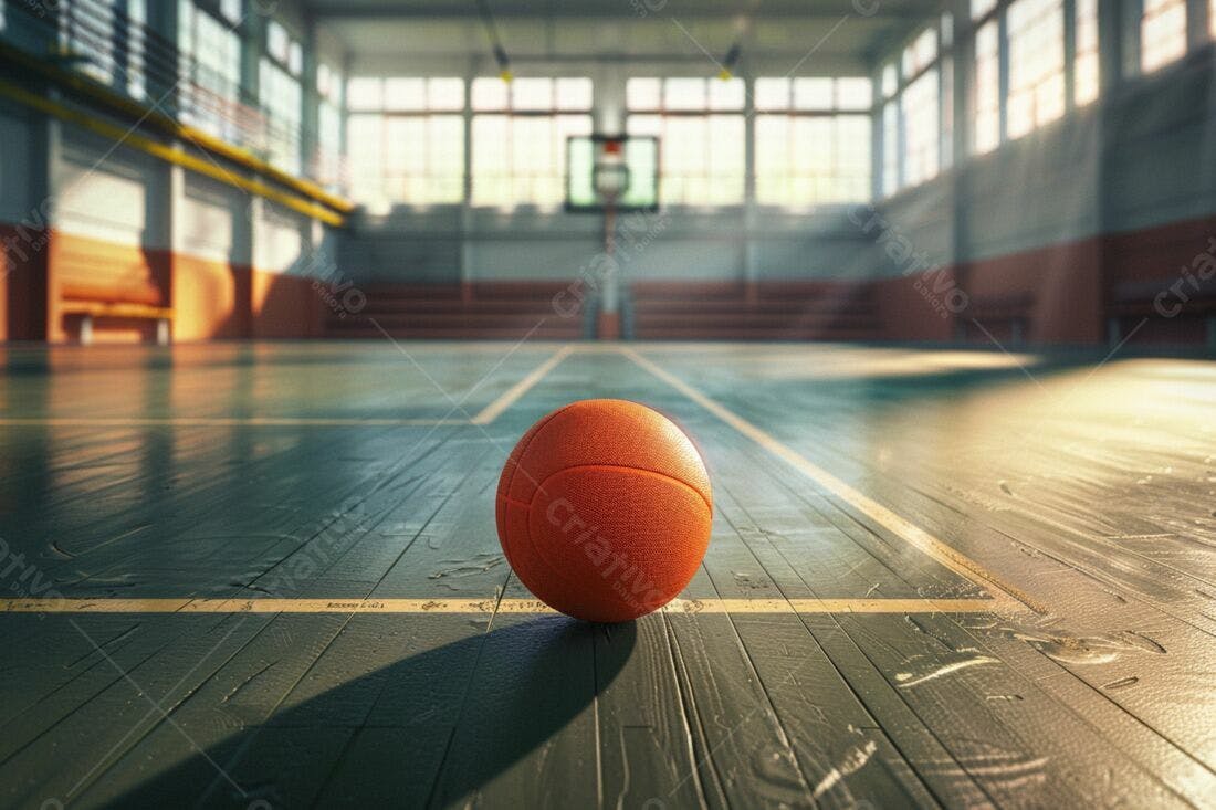 Bola de basquete em quadra de madeira