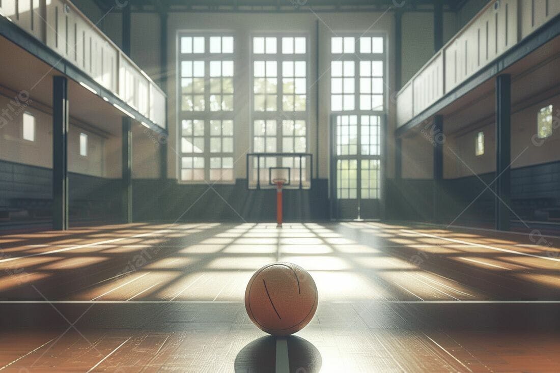 Bola de basquete em quadra antiga iluminada pelo sol