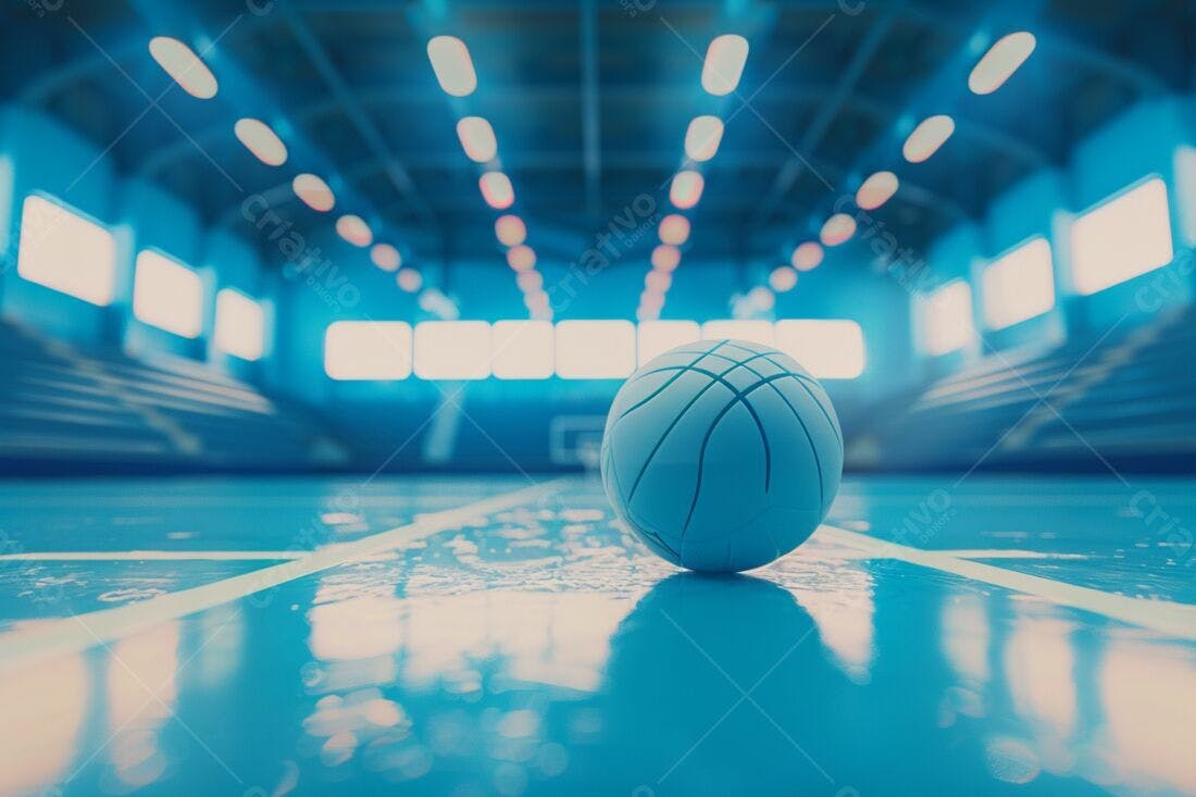 Bola de basquete azul em quadra vazia