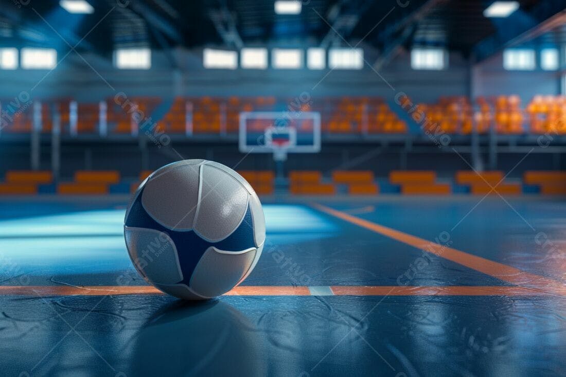 Bola de Futsal em quadra azul e laranja