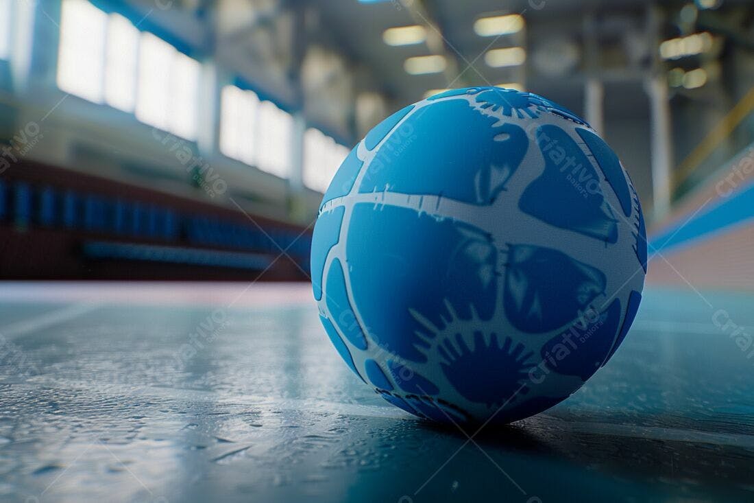 Bola de handebol azul em quadra esportiva