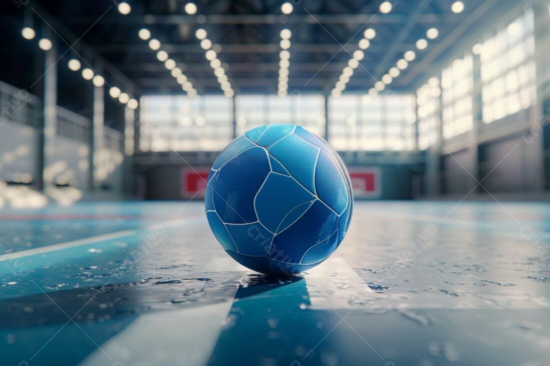 Bola de handebol azul em quadra molhada