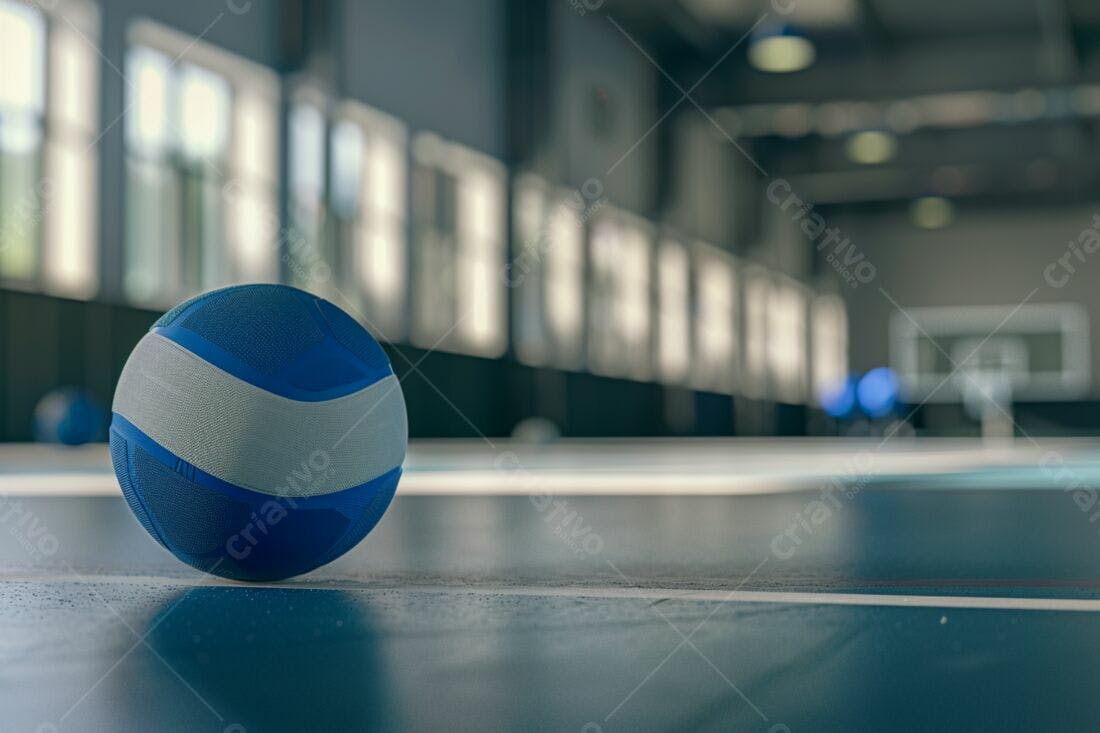 Bola de ginástica azul em quadra esportiva