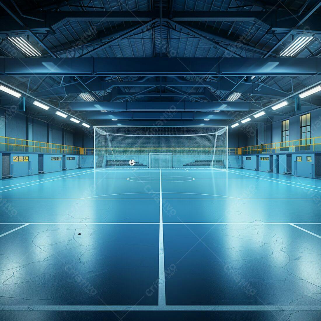Quadra de futsal azul em galpão industrial