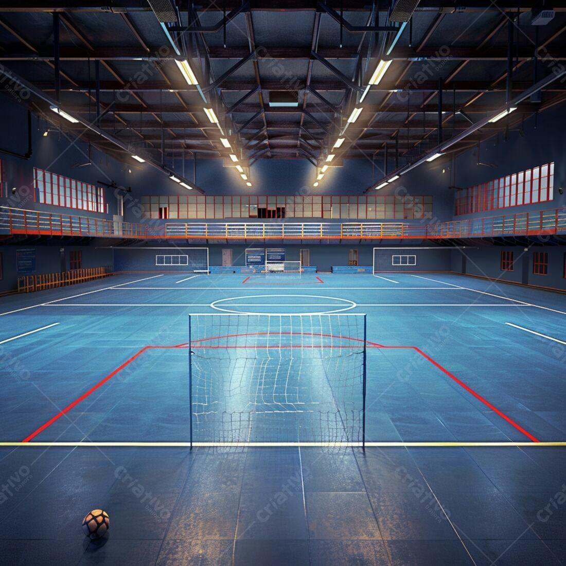 Quadra de futsal azul e vermelha interior
