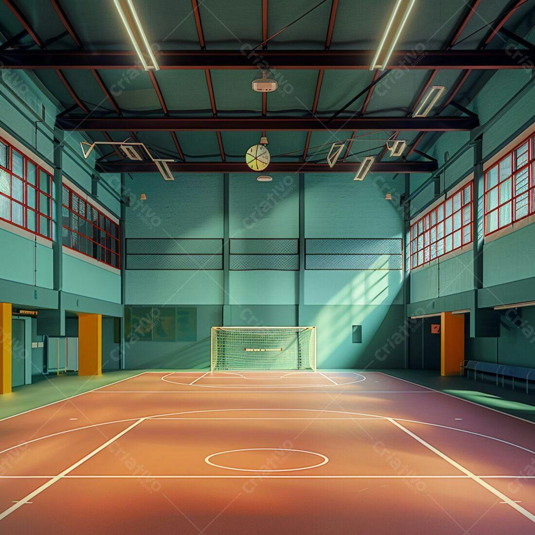 Ginásio antigo com quadra de futebol e luz solar