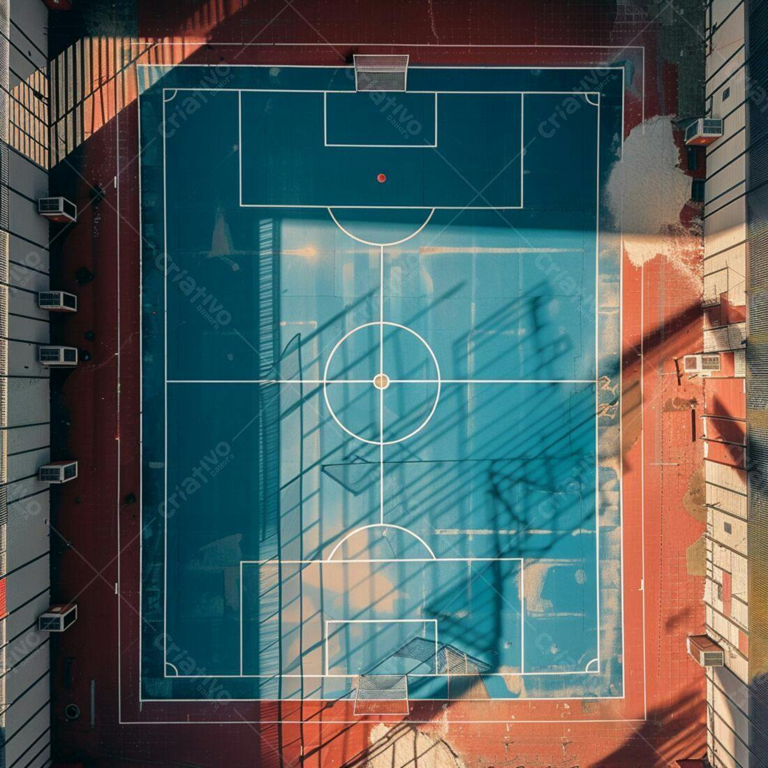 Campo de futebol azul sob sol da manhã