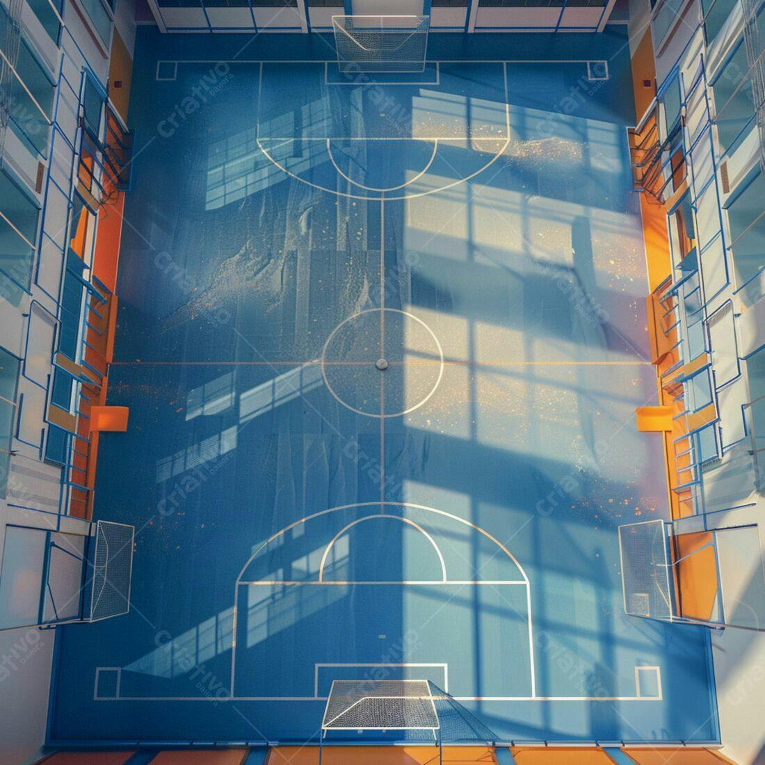 Quadra esportiva azul iluminada pelo sol