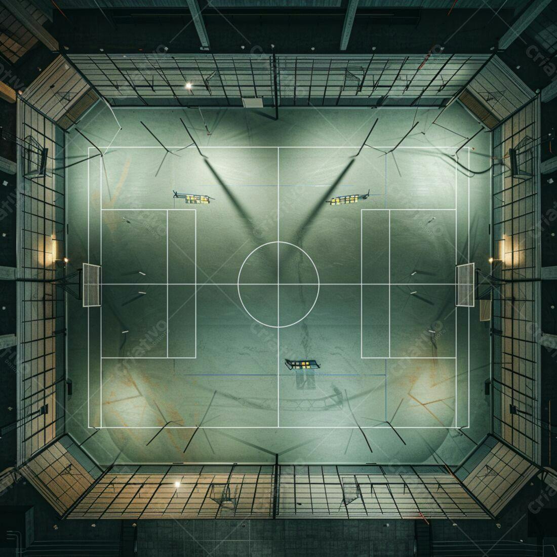 Quadra esportiva iluminada à noite vista aérea
