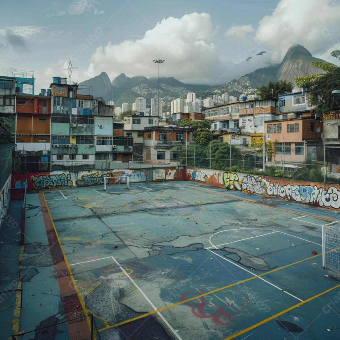 Quadra de esportes abandonada em favela brasileira