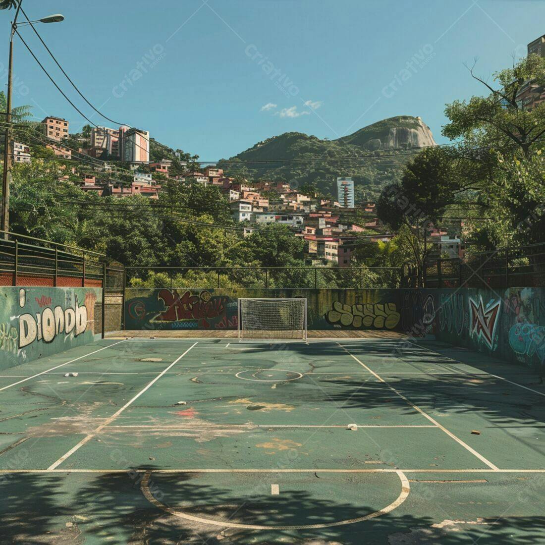 Quadra de futebol abandonada com grafite em favela