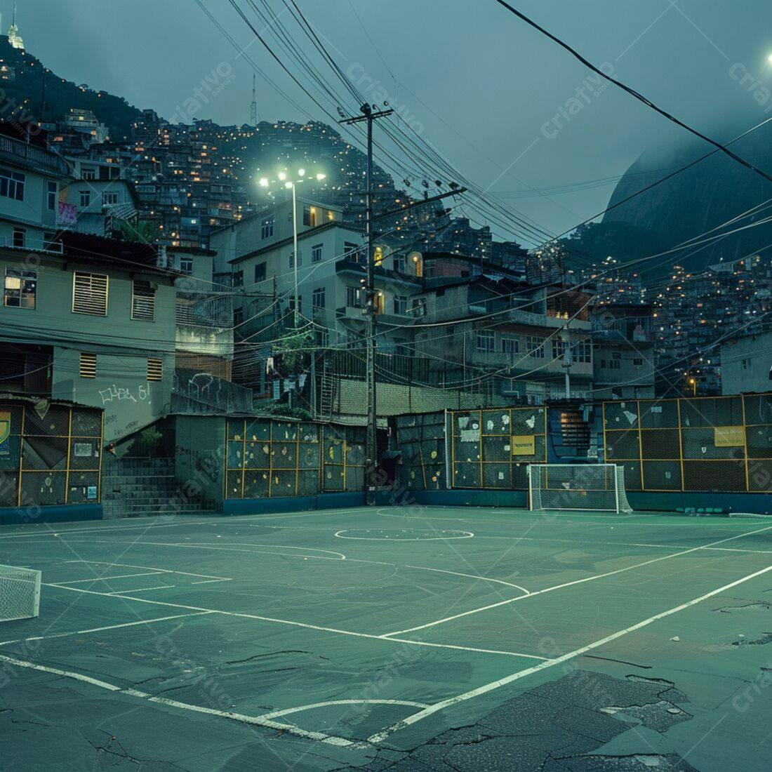 Quadra esportiva noturna em favela brasileira