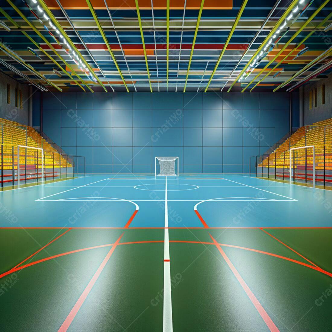 Quadra esportiva interior moderna com arquibancadas