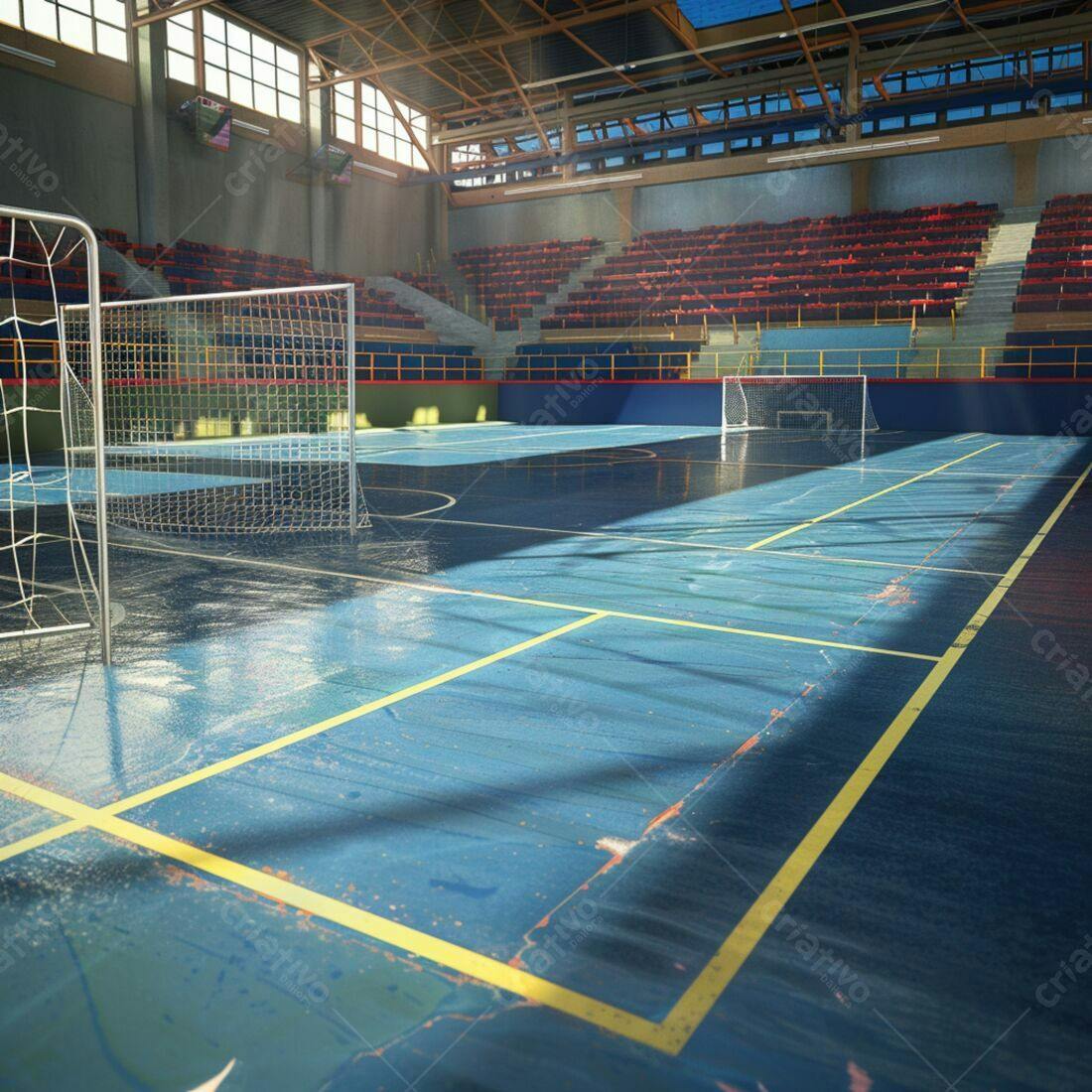 Quadra de futsal iluminada por sol da manhã