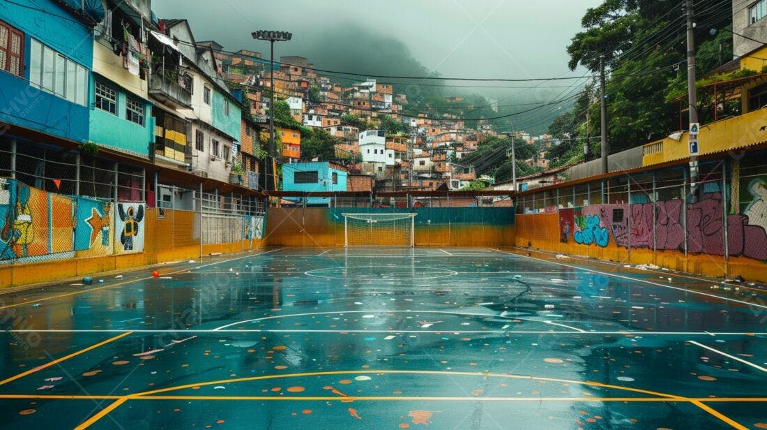 Campo de futebol molhado favela brasileira