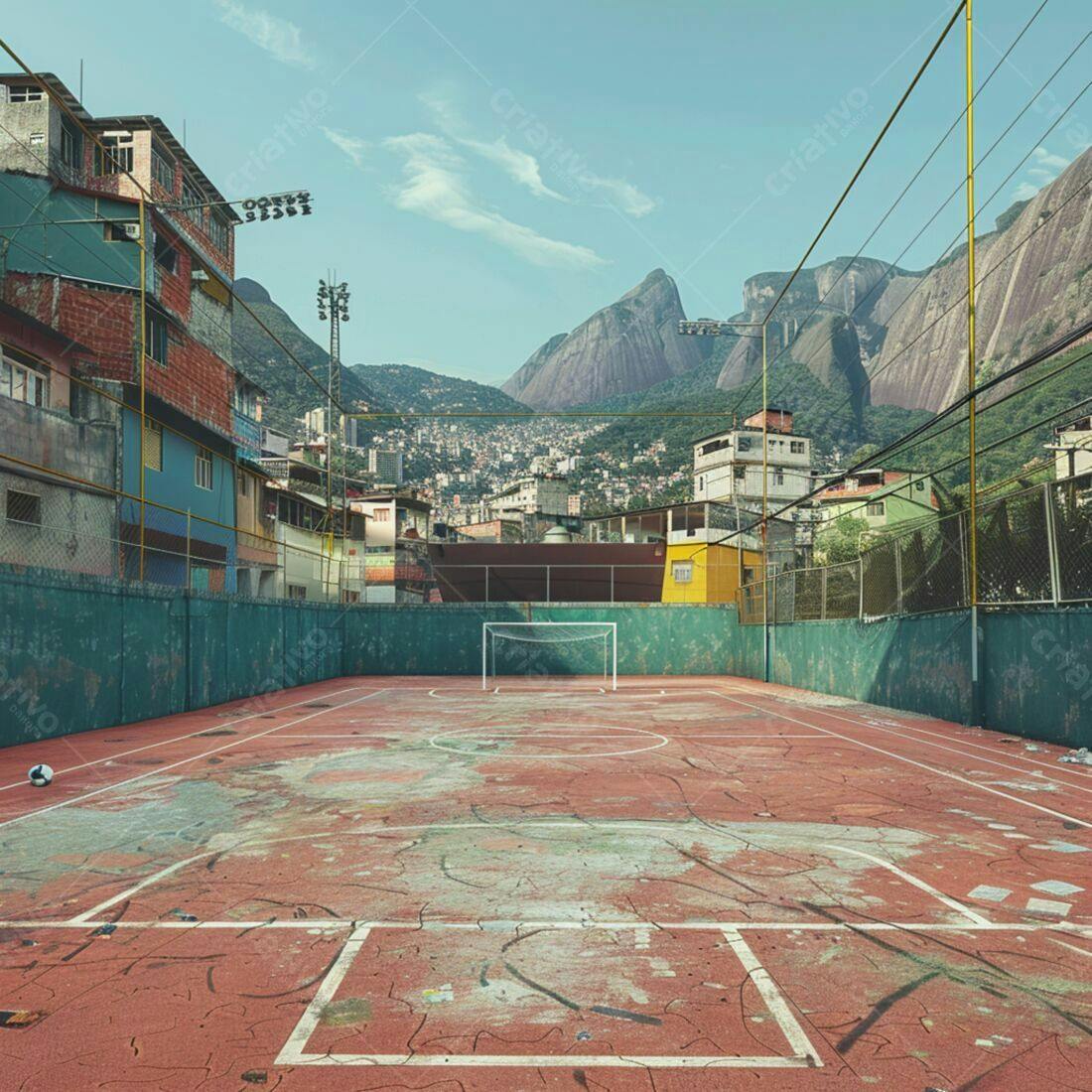 Campo de futebol em favela com vista para morros
