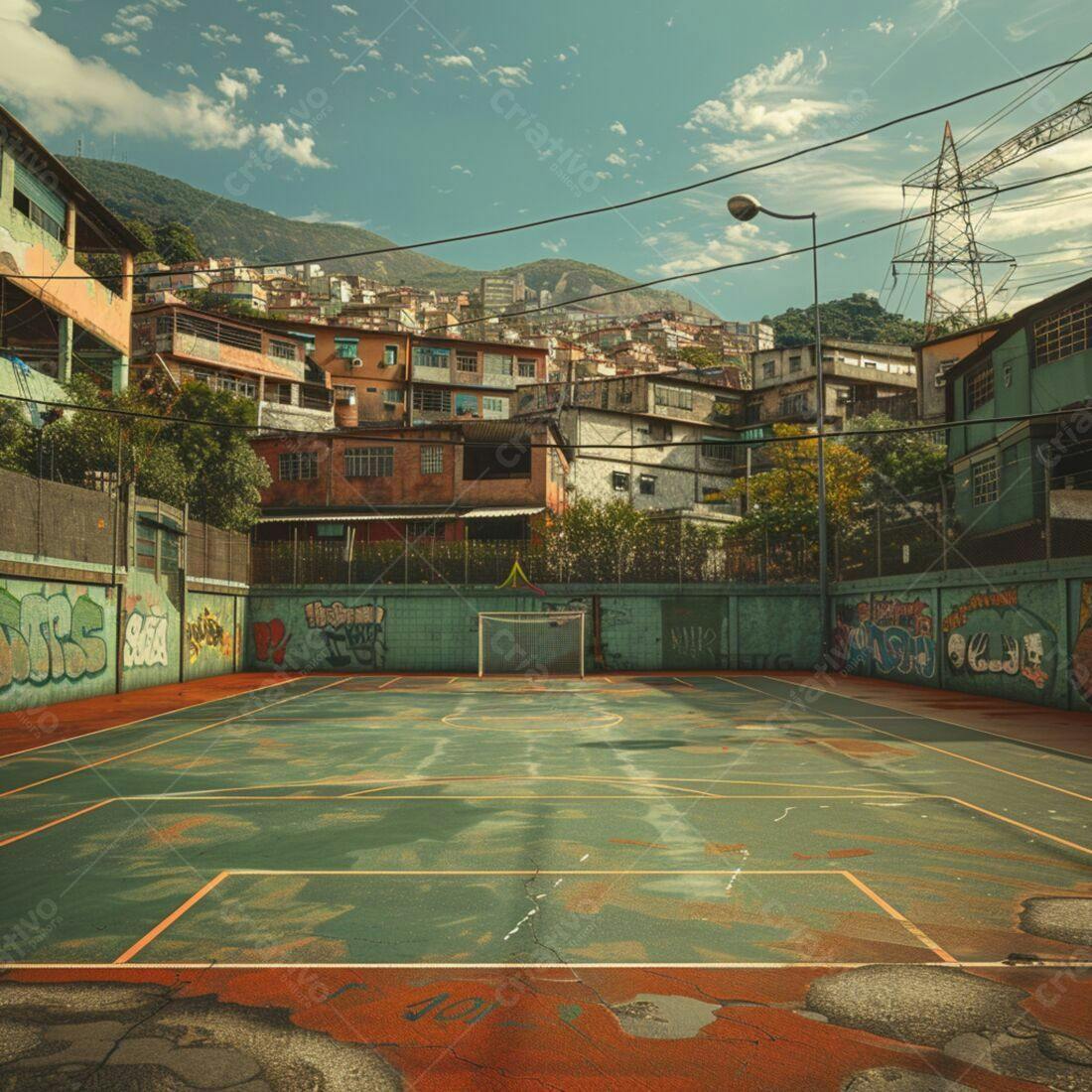 Quadra de esportes em comunidade favela brasileira