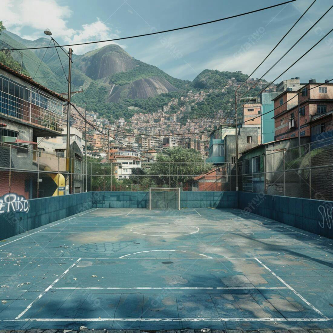 Quadra de futebol em favela brasileira com morros ao fundo