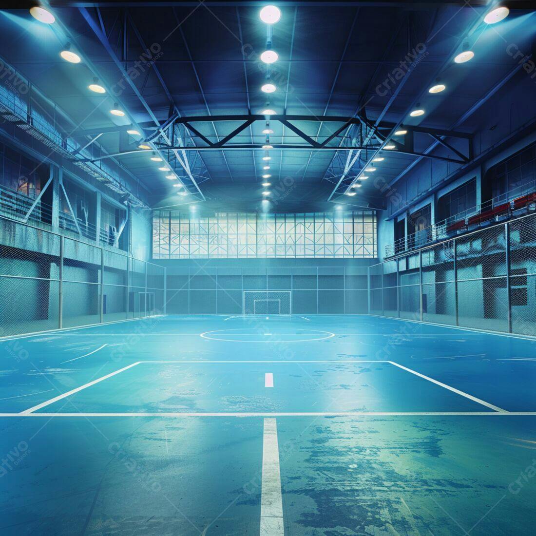 Quadra de futsal azul em galpão industrial