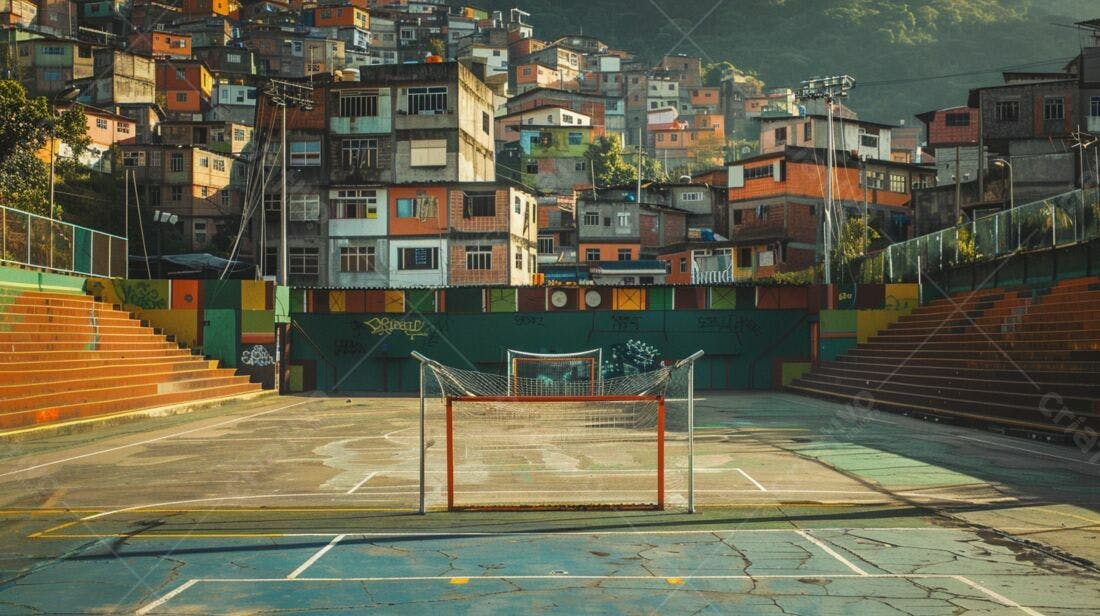 Gol de futebol em favela colorida