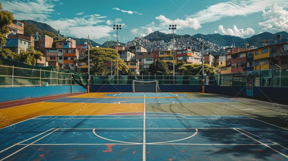 Quadra esportiva colorida em favela brasileira