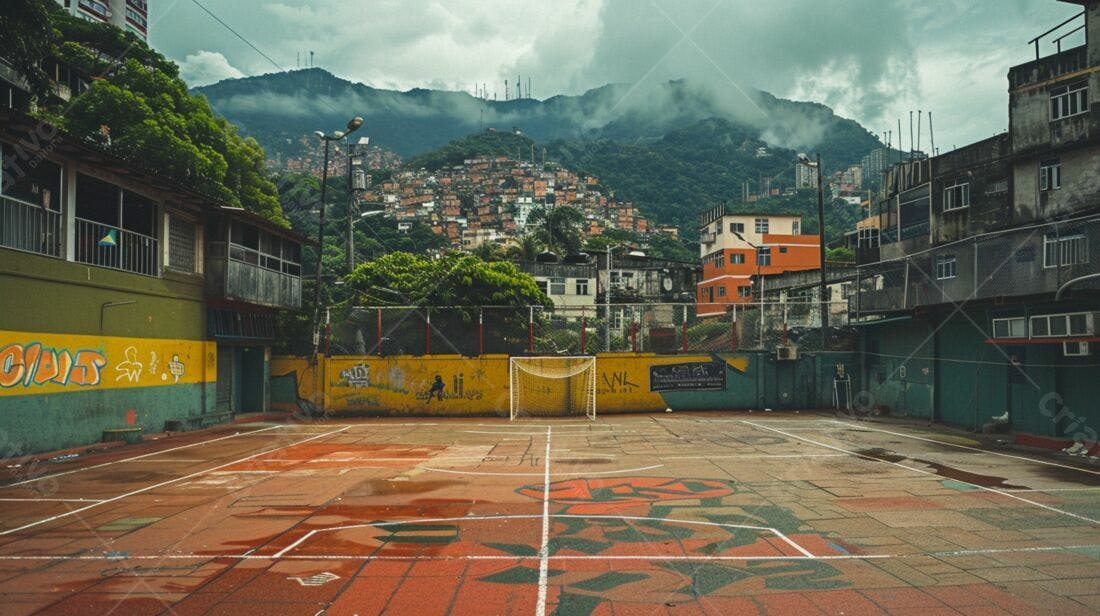 Quadra de futebol em favela montanha ao fundo