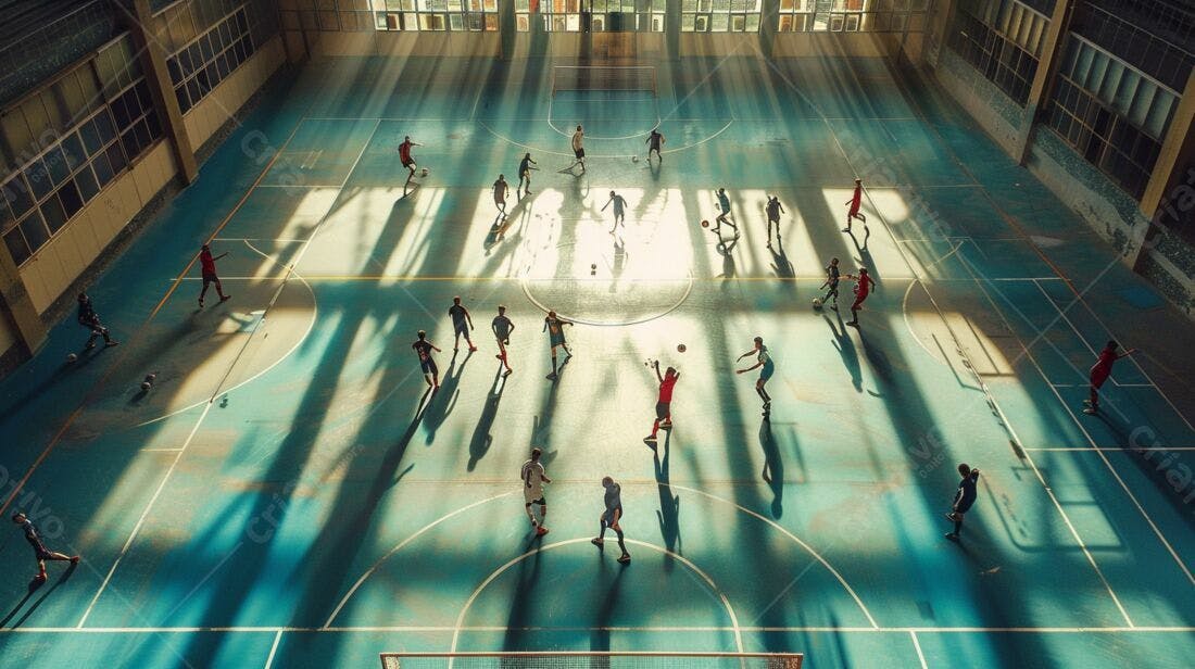Jogo de futebol em quadra antiga ao sol