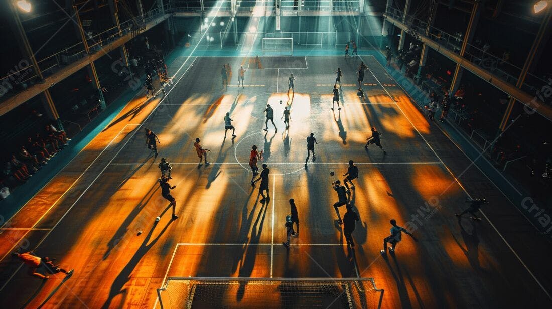 Jogo de futebol em quadra interna ao entardecer