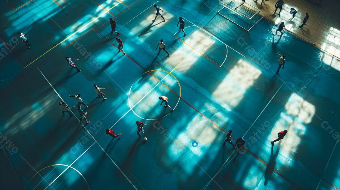 Crianças jogando futebol em quadra azul