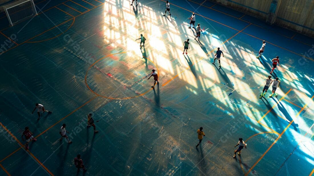 Jogo de futebol em quadra azul iluminada pelo sol
