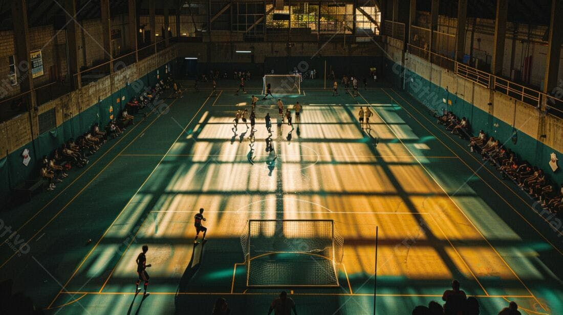 Jogo de futebol em quadra fechada ao entardecer