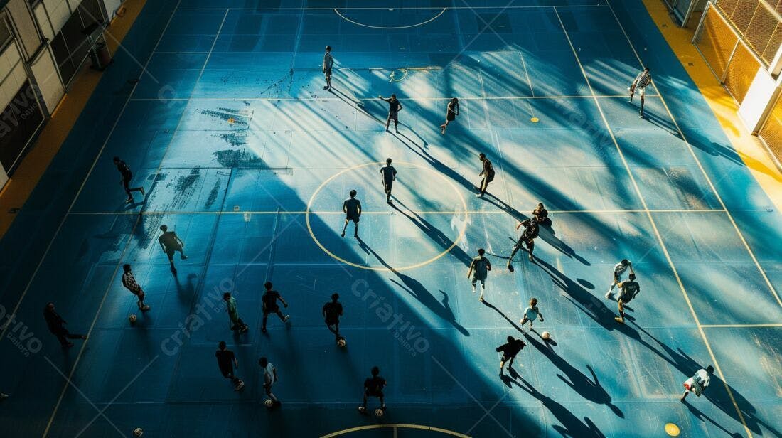 Jogo de futebol em quadra azul