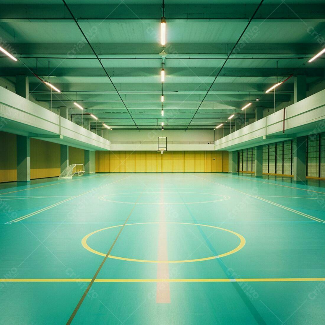Ginásio vazio com piso verde e amarelo
