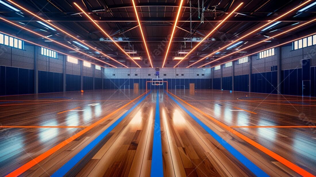 Quadra esportiva moderna com iluminação neon