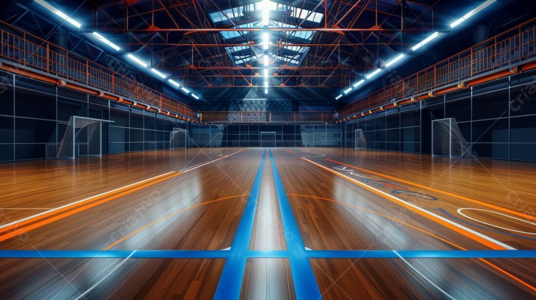 Quadra de futsal moderna com piso de madeira