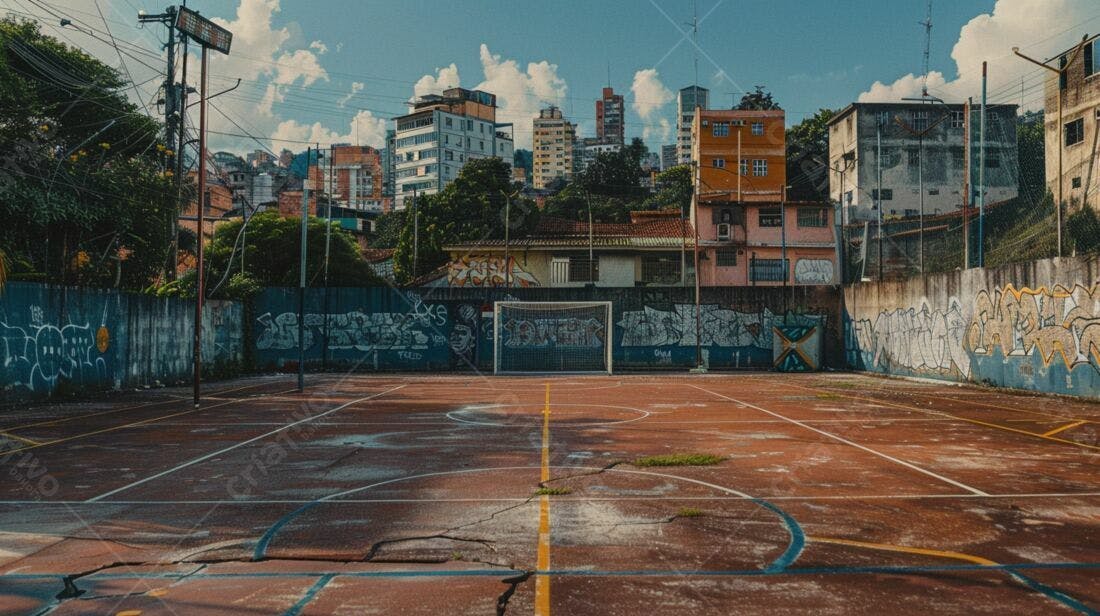 Quadra de futebol abandonada com grafites