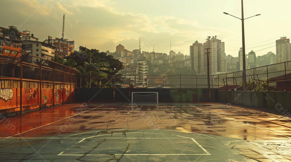 Quadra de futebol molhada cidade ao fundo