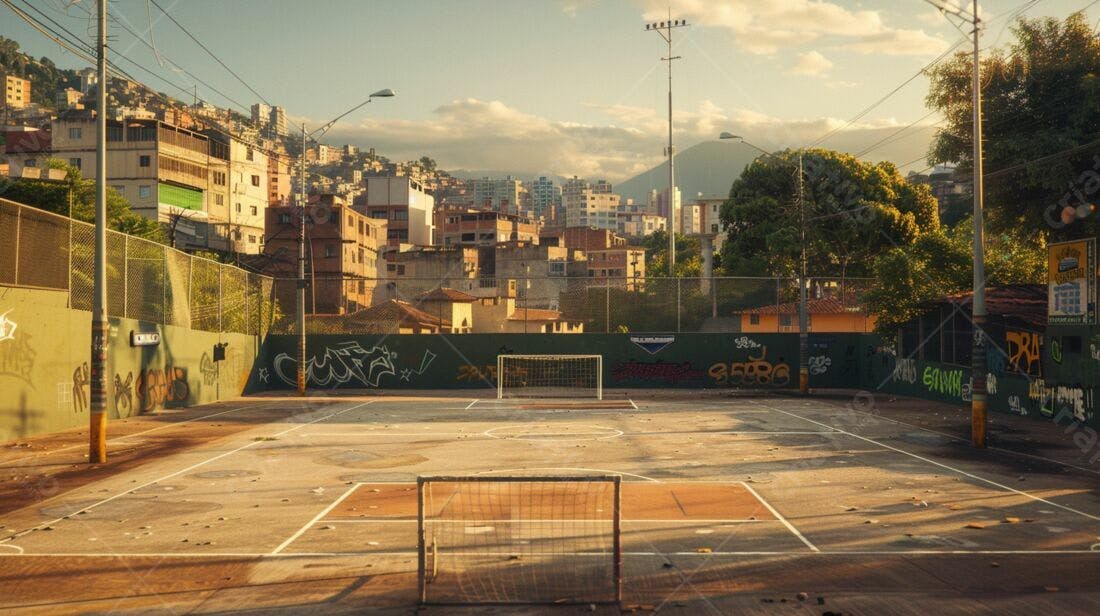 Campo de futebol em favela ao entardecer