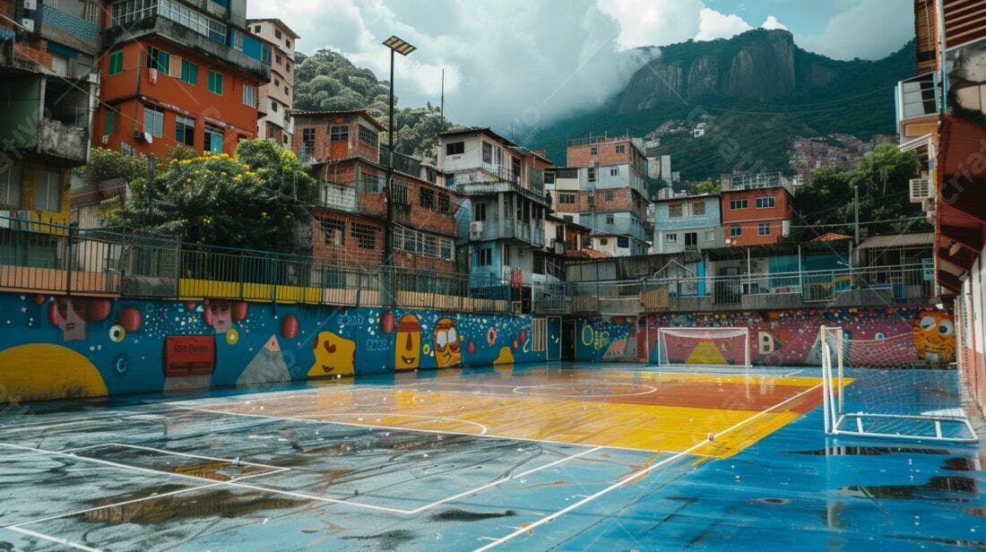 Quadra esportiva colorida em favela brasileira