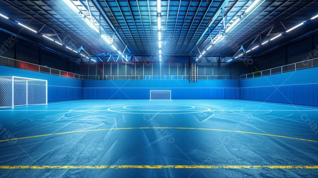 Quadra de futsal azul moderna e iluminada