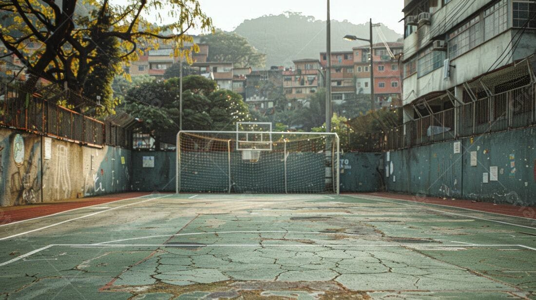 Quadra de futebol abandonada favela brasileira